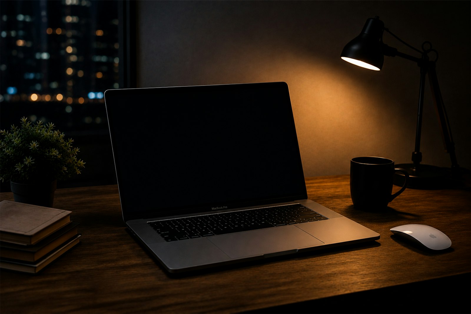 A laptop on a desk under warm lamplight with city lights behind